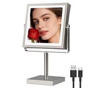 Ruacq Makeup Mirror with Lights 1X/10X Height Adjustable Brushed Nickel | 8",4000mAh Rechargeable,Dual Sided Magnifying Vanity Mirror,3 Color Lights,Adjustable Brightness,Square,Gift for Women