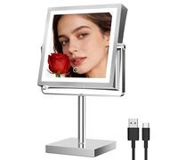 Ruacq Makeup Mirror with Lights 1X/10X Height Adjustable Chrome | 8",4000mAh Rechargeable,Dual Sided Magnifying Vanity Mirror,3 Color Lights,Adjustable Brightness,Square,Gift for Women