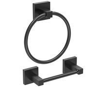 Ruacq Matte Black Toilet Paper Holder Towel Ring Bathroom Accessories Hardware Set Double Post Pivoting Toilet Roll Holder Square Stainless Steel and Zinc Alloy Modern Wall Mounted 2 Pieces