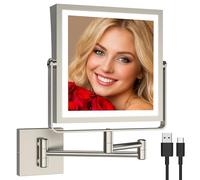 Ruacq Rechargeable Wall Mounted Makeup Mirror with Lights, Double Sided 1X/10X Magnifying Vanity Mirror with 3 Color Light, Touch Screen Dimmable, 360° Rotation Extension Foldable Arm(Brushed Nickel)