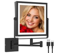 Ruacq Rechargeable Wall Mounted Makeup Mirror with Lights, Double Sided 1X/10X Magnifying Vanity Mirror with 3 Color Lighting, Touch Screen Dimmable, 360° Rotation Extension Foldable Arm(Matte Black)