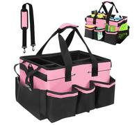 Ruaizel Cleaning Caddy Organizer with Handle, Waterproof 900D Oxford Foldable Cleaning Bag, Multi Compartment Cleaning Tote Bag with Removable Dividers for Home, Car, Garden (pink)