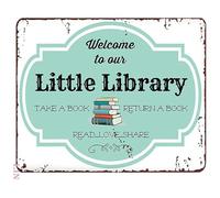 RUAJOGYNVM Rustic Vintage Tin Plaque Little Library Welcome Metal Sign Wall-Art for Book Lover Porch 8 X 12 in