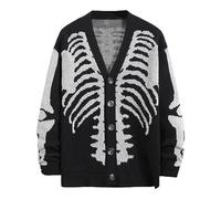 Ruamilyy Halloween Cardigans Men's Skull Print Oversize Crew Neck Cardigans Basic Loose Crew Neck Halloween Skeleton Print Cardigan Winter Warmer Y2K Vintage Knit Sweater, a, S