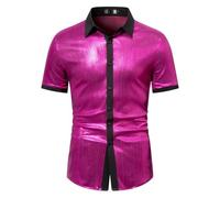 Ruamilyy Sequins Summer Shirt Men's Fancy Dress Shiny Shirt Men New Year's Eve Party Short Sleeve Shirt Carnival Costume Abba Costume Slim Fit Metallic Shirts in Nightclub Style, Hot pink, L