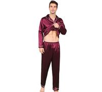 RuanMM Men's satin pajama set, fold-down neckline, long sleeves and long pants, loose fit, big boy's home clothes, a variety of colors and specifications are available,/Red-XXL