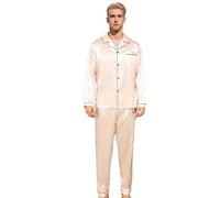 RuanMM-Mens Satin Pajamas Set Long Sleeve Top and Long pants Silky Nightwear Pj Sets Sleepwear Champagne-XL