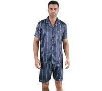RuanMM Mens Satin Short Sleeve Silky Pajama Bottoms Button Down Sleepwear Multicolor Silky Mens Pajama Set, Blue-goodnight, M
