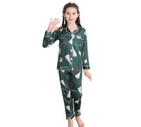 RuanMM Silky Satin Pajama Set for Kids | Christmas PJ Girls Sleepwear | Boy Pajama Sets, Sleepwear for Girls | Christmas green-150