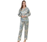 RuanMM Women's Silky Satin Pajamas Set Long Sleeve Top and Long trousers Silky Nightwear Button-Down Pj Sets Sleepwear |Light blue-S