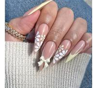 Ruarby Spring Flower Press on Nails Long Pointed False Nails With Floral And Bows Ornament Stick on Nails For Stylish Occasion