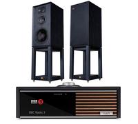 Ruark R610 Music Console Charcoal with Wharfedale Linton Heritage Standmount Speakers Black with Matching Stands