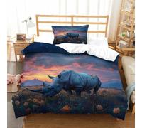 RUASVENNS Rhino 3D Printed Quilt Cover for Boys Girls Comforter Covers Duvet Cover Soft Microfiber with Pillow Cases with Zipper Closure Bedding Set 2 Pieces Single（135x200cm）