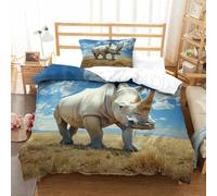 RUASVENNS Rhino Comforter Covers for Boys Girls Duvet Cover 3D Print Quilt Cover with Zipper Closure Bedding Set Soft Microfiber with Pillow Cases 2 Pieces Single（135x200cm）
