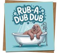 Rub-A-Dub Dub Walrus Bathtub Funny Greeting Card, 145mm x 145mm Square, Blank Inside, Humorous Birthday, Congrats or Just Because, Includes Kraft Envelope