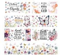 Rub on Transfers for Crafts - 8 Sheets Christian Bible Verse Inspirational Quotes UV DTF Cup Wraps Butterflies Flowers Transfer Sticker for 16 Oz Glass Cups Furniture Craft Wood DIY Crafts