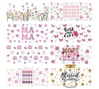 Rub on Transfers for Crafts - 8 Sheets Pink Mom Waterproof Rub On Transfers Sticker for 16 Oz Water Bottle Cute Flower Butterfly Rose Design UV DTF Cup Wraps Mama Birthday Gifts