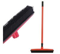 Rubber Bristle Broom with Squeegee Telescopic 48in Handle Electrostatic Carpet Brush for Pet Hair Dust Spills Non Scratch Floor Sweeper for Hard Floors Rugs (Red)