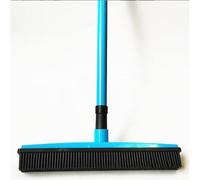 Rubber Bristle Broom with Squeegee Telescopic Handle Electrostatic Carpet Brush for Pet Hair Dust Spills Non Scratch Floor Sweeper for Hard Floors Rugs (Blue)