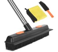 Rubber Broom, 3 in 1 Carpet Pet Hair Broom with Squeegee, Metal Long Handle Silicone Sweeping Brush for Floors