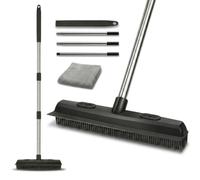 Rubber Broom for Pet Hair Carpet, 121cm Adjustable Metal Handle, 34cm Wide Rubber Brush with Built-in Squeegee, Includes 1 Microfiber Cloth, Sweeping Brush for Carpet, Kitchen Floor Cleaning