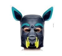 Rubber Neoprene Puppy Play Cosplay Dog Head Gimp Hood Bdsm Mask Party RolePlay (Black Teal Trim)