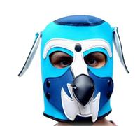 Rubber Neoprene Puppy Play Cosplay Dog Head Gimp Hood Bdsm Mask Party RolePlay (light blue white trim)