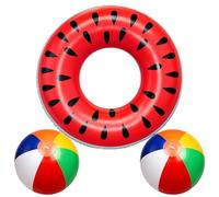 Rubber Ring, Watermelon Swimming Ring and Beach Ball Set, Summer Pool Float for Adults, Large 90cm Inflatable Pool Float with Two 20cm Colourful Beach Balls, Swimming Pool and Beach Accessories