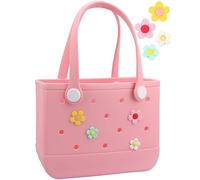Rubber Tote Bag Beach Bag Durable Lightweight EVA Portable Bag, Open Handbag with Charms for Beach Pool Outdoor Sport Travel, A-pink, S