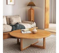 Rubber Wood Round Coffee Table with Rattan Woven Base for Living Room, Bedroom, and Farmhouse Use