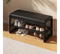 Rubber Wood Shoe Rack Cabinet with Ottoman Storage, PU Leather Cushion, 15CM Seat Height, Double Layer Shoe, Multi-Color Options (Black, 31.5in)