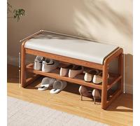 Rubber Wood Shoe Rack Cabinet with PU Leather Ottoman Storage, 15CM Seat Height, High Density Sponge Cushion, Double Layer Shoe, 31.5in Cherry, Multi-Color Options