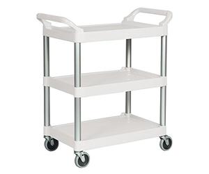 Rubbermaid Commercial Plastic 3 Shelf Service Cart - Off White | Smooth-rolling castors offer effortless commercial mobility, with deep shelves to secure loads during transport.