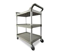 Rubbermaid Commercial Plastic 3 Shelve Service Cart - Platinum | Smooth-rolling wheels ensure effortless transport across catering venues, providing durable multi-tier storage.