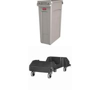 Rubbermaid Commercial Products Slim Jim 87 l Vented Waste Bin & Resin Dolly Bundle - Mobile Commercial Waste Container with Wheeled Trolley - Beige Bin & Black Dolly