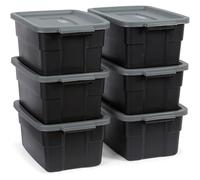 Rubbermaid Roughneck 3 Gallon Storage Totes, Pack of 6, Durable Stackable Storage Containers with Lids, Nestable Plastic Storage Bins for Accessories, Office Supplies, Tool Storage, Black and Grey