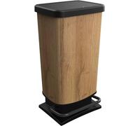 Rubbish Bin 40l with Pedal and lid, Rotho Paso Plastic Waste Bin - Brown Wood