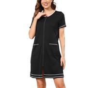 Rubehoow Cotton Nightgown for Women Zip Front Duster Robe Breathable Summer Lounger Robe (Black, S)