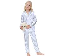 Rubehoow Kids Winter Pyjama Lightweight Silk Button Top and Pj Longs 2-Pieces Sleepwears Set (White,Size 9)