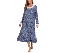 Rubehoow Long Cotton Nightgowns for Women Long Sleeve Sleep Gown Soft Elegant Nightshirt for Fall Winter (L,White Floral)