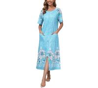 Rubehoow Long House Coat for Women Short Sleeve Zip Up Bathrobe with Pockets Mumu Moo Moomoo Dress Blue,M