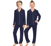 Rubehoow Long Sleeve Pjs for Girls & Boys 100% Cotton Shirt & Pants 2Pcs Sleepwear (Navy Blue,11-12 Y)