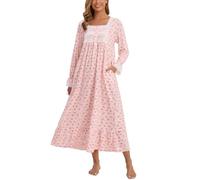 Rubehoow Plus Size Women's Cotton Vintage Button Down Nightdress Long Victorian Style Nightshirt (Pink Floral,2XL)