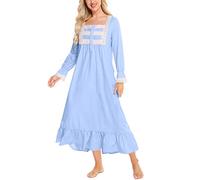 Rubehoow Premium Cotton Women's Vintage Nightdress Full Length Victorian Style Sleepdress Light Blue, S