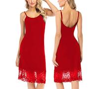 Rubehoow Soft Modal Full Slip for Women Under Dress Adjustable Spaghetti Strap Knee Length Petticoat Undergarment Nightwear (Red, S)
