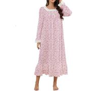Rubehoow Victorian Sleep Dress for Womens Long Sleeve 100% Cotton Classy Nightgown with Lace Trim (Pink Floral, XL)