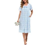Rubehoow Victorian Sleep Dress for Womens Short Sleeve 100% Cotton Classy Nightgown with Lace Trim (Blue Floral, XL)