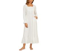 Rubehoow Women Soft Nightshirt Pure Cotton Button Front Ruffle Sleep Dress with Pokcets Loose Comfy White, Large