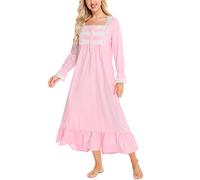 Rubehoow Women's 100% Cotton Nightgown Long Sleeve Victorian Sleep Shirt Full Length Ladies Nightdress with Pokcets (S,Pink)