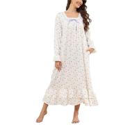 Rubehoow Women's Cotton Nightdress Vintage Embroidery Lace Nightshirt Long Sleeve Sleep Gown with Pockets (XXL,Lilac Rose)